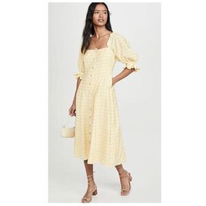Cottagecore Midi Dress Puff Sleeve Butter Yellow Plaid Size XS